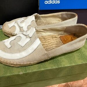 Tory Burch Tan and White Espadrilles Slip-On Shoes